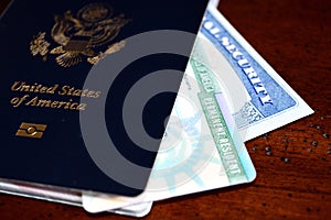 American passport, permanent resident card and social security number card