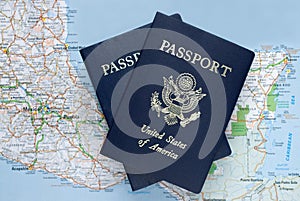 American passports over map of Mexico, Caribbean