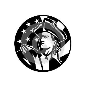 American Patriot Revolutionary Soldier Looking Up USA Flag Retro Black and White