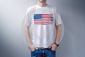 American patriot wearing white shirt with USA flag print