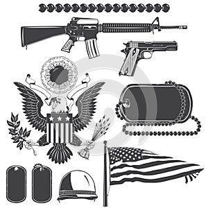American patriotic elements set. Weapons, armor, flag, seal. Typographic labels,stickers, logos and badges.
