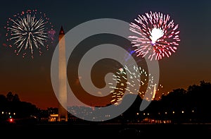 American patriotic holiday Fireworks display on 4th July Independence Day in the Washington Monument in Washington DC