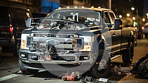 American pickup truck car accident, broken damaged body metal. Car crash collision in urban night city street.
