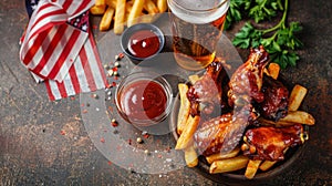 American Picnic Spread: Chicken Wings, Fries, and Beer with Patriotic Decor