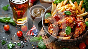 American Picnic Spread: Chicken Wings, Fries, and Beer with Patriotic Decor