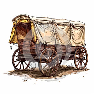 American Pioneers Wagon with Tent, Old Wooden Emigrant Carriage, Wild West Cart Flat