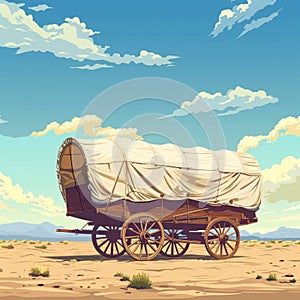 American Pioneers Wagon with Tent, Old Wooden Emigrant Carriage, Wild West Cart Flat