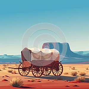 American Pioneers Wagon with Tent, Old Wooden Emigrant Carriage, Wild West Cart Flat