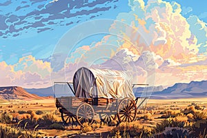 American Pioneers Wagon with Tent, Old Wooden Emigrant Carriage, Wild West Cart Flat photo