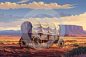 American Pioneers Wagon with Tent, Old Wooden Emigrant Carriage, Wild West Cart Flat photo