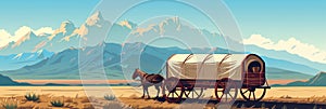 American Pioneers Wagon with Tent, Old Wooden Emigrant Carriage, Wild West Cart Flat photo