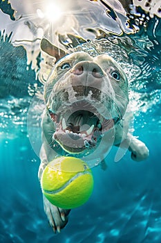 American Pit Bull Terrier diving in swimming pool water to catch a tennis ball gaming Fetch pet game. Ridiculous portrait with