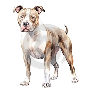 American Pit Bull Terrier dog breed watercolor illustration. Pet drawing on white background. AI Generated.