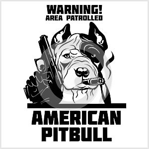 American Pitbull - security dog with gun and cigar. Head of security American Pitbull