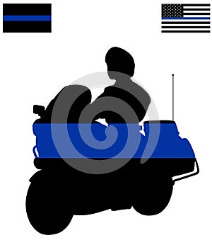 American police fallen officers flag over traffic policeman officer on motorcycle on duty vector silhouette