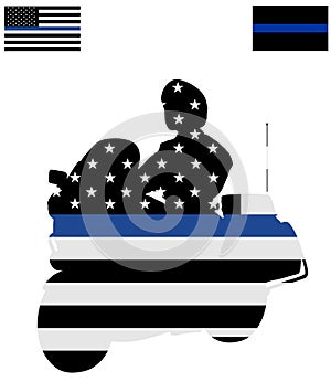 American police flag over traffic policeman officer on motorcycle on duty vector silhouette