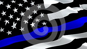 American police flag video waving in wind. Realistic Thin Blue Line Flag background. American police Flag Looping Closeup 1080p Fu