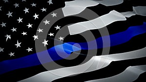 American police waving flag. National 3d Thin Blue Line flag waving. Sign of American police seamless loop animation. Thin Blue Li