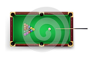 American Pool table with pool cue and glossy balls and other equipment. Vector realistic 3D detailed colorful