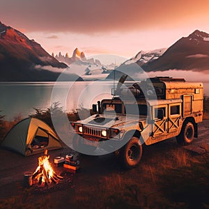 American powerful four-wheel drive 4x4 off road jeep in serene lake with campfire and tent at dusk