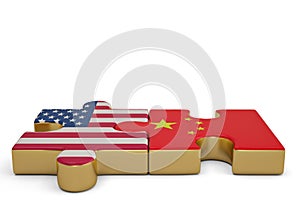 An american puzzle piece and a chinesse.3D illustration.