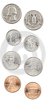 American quarter, dime, nickle, penny isolated on white background photo
