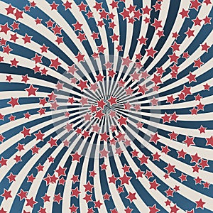 American retro patriotic vector illustration. Concentric stripes and stars confetti in colors of United States flag