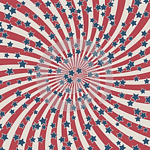 American retro patriotic vector illustration. Concentric stripes and stars confetti in colors of United States flag. Background