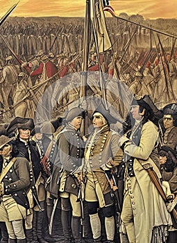 American Revolutionary War ca 1776. Fictional Battle Depiction. Generative AI.