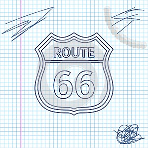 American road line sketch icon isolated on white background. Route sixty six road sign. Vector Illustration.