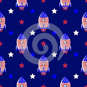 American rocket seamless pattern, flying ship