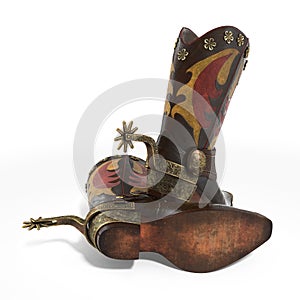 American rodeo cowboy traditional leather boots with authentic Western riding spurs on white. 3D illustration