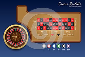 American roulette, two zero. Template for online casino and website. Roulette wheel, track for call bets and game chips. Vector