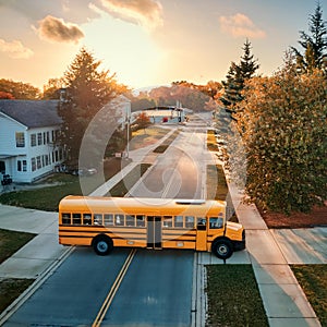 American schoolbus in town, AI generated