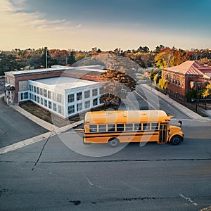 American schoolbus in town, AI generated