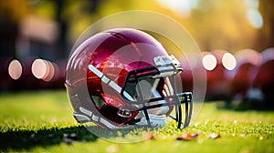 American soccer helmet in red color with copy space paw site. Generative AI