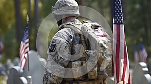 An American soldier. The flag of the USA. Soldiers of America Memorial Day. The United States Army. Veterans Day