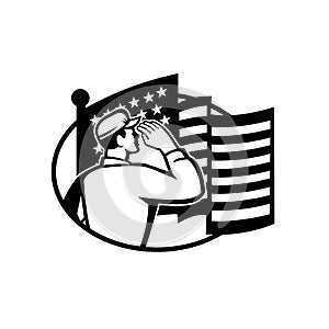 American Soldier Salute USA Stars and Stripes Flag Retro Black and White