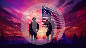 American soldiers by national USA flag at 4th of July, independence day of America and US military, patriotism concept