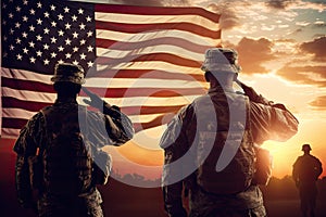 American soldiers with the United States of America flag on sunset background, USA army soldiers saluting on a background of