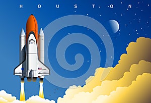 American space shuttle launch, symbolic illustration, Houston, TX, USA. Concept art poster dedicated to space exploration and the