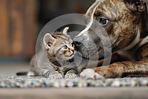American Staffordshire terrier dog playing with little kitten. Generative AI.