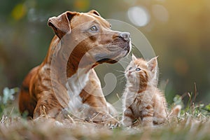 American Staffordshire terrier dog playing with little kitten. Generative AI.