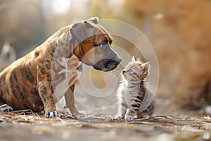 American Staffordshire terrier dog playing with little kitten. Generative AI.