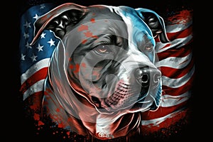 American Staffordshire Terrier dog portrait with American flag in the background, Generative AI illustration