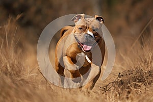 American Staffordshire Terrier running in the field with a blurred background Ai generated