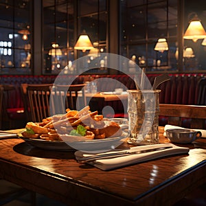 American steak, chips, and gravy but also conveys the ambiance of a cozy bar setting