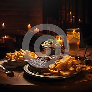 American steak, chips, and gravy but also conveys the ambiance of a cozy bar setting