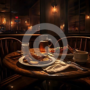 American steak, chips, and gravy but also conveys the ambiance of a cozy bar setting