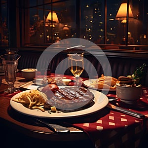 American steak, chips, and gravy but also conveys the ambiance of a cozy bar setting